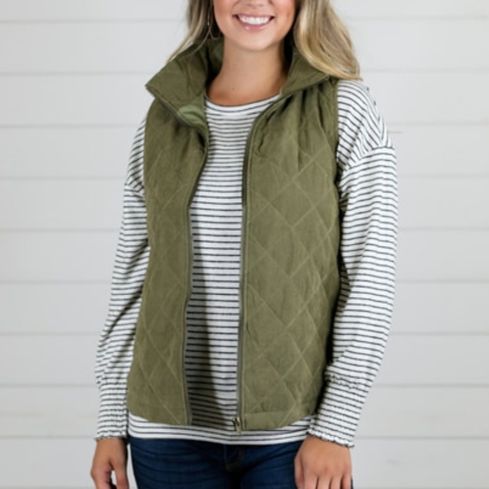 Umgee Olive Green Quilted Zip Up Vest Medium - Picture 4 of 11